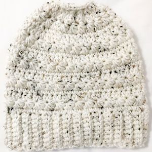 Crocheted messy bun/ponytail beanie